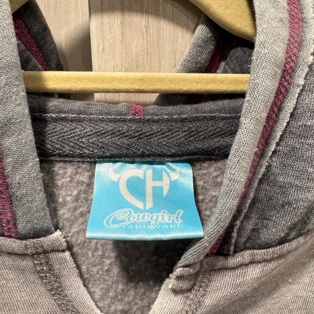 Gray and Pink Hooded Sweatshirt with Cross Design by Cowgirl Hardware. - Picture 6 of 7